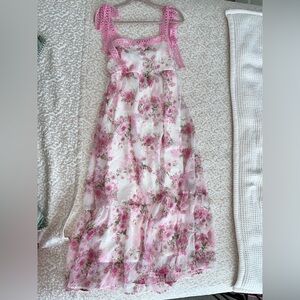 Pink Floral Maxi Dress with Lace Straps